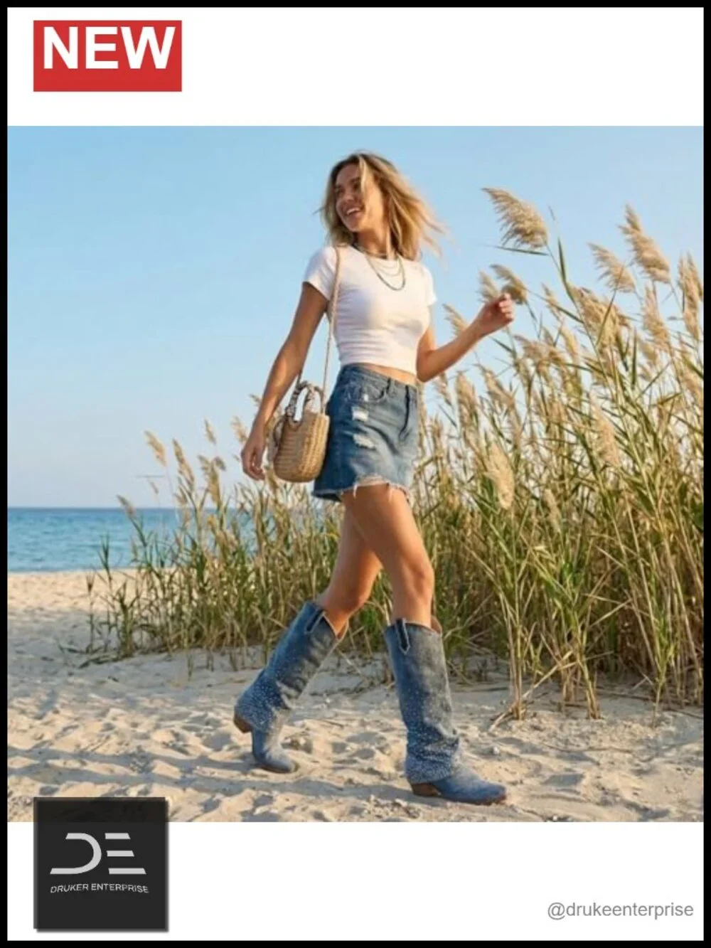 Rhinestone Denim Cowgirl Fold Over Knee High Boots